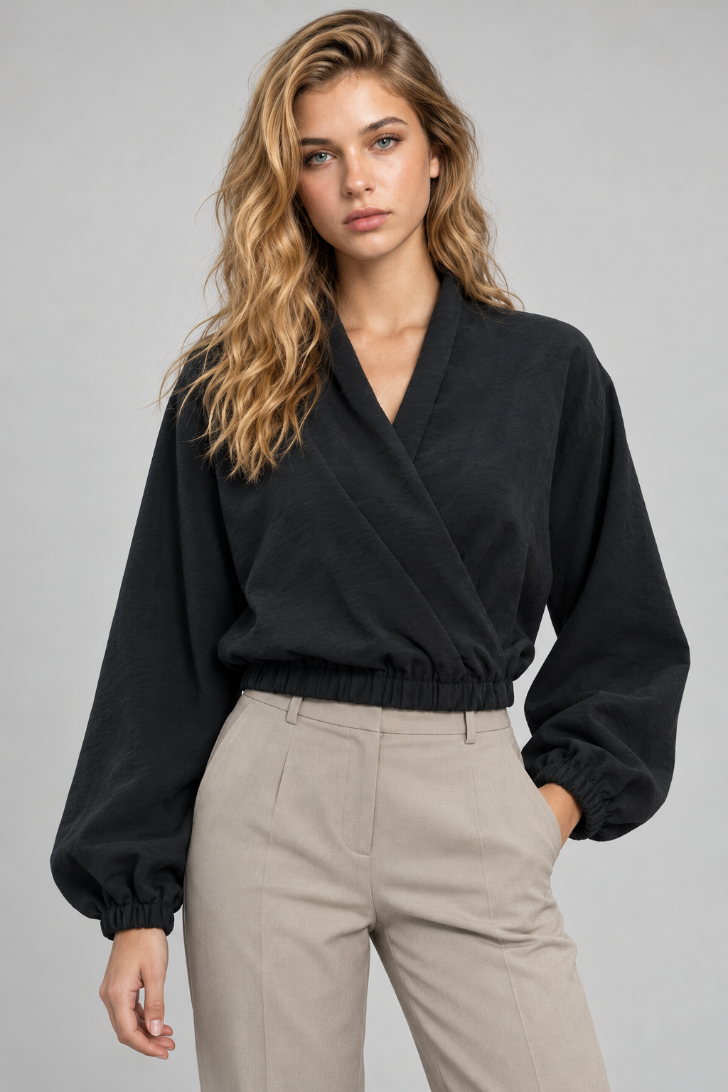 VERA Şal Yaka Kruvaze Crop Bluz - siyah şal yaka kruvaze crop bluz - IMBUE - [color:siyah]
