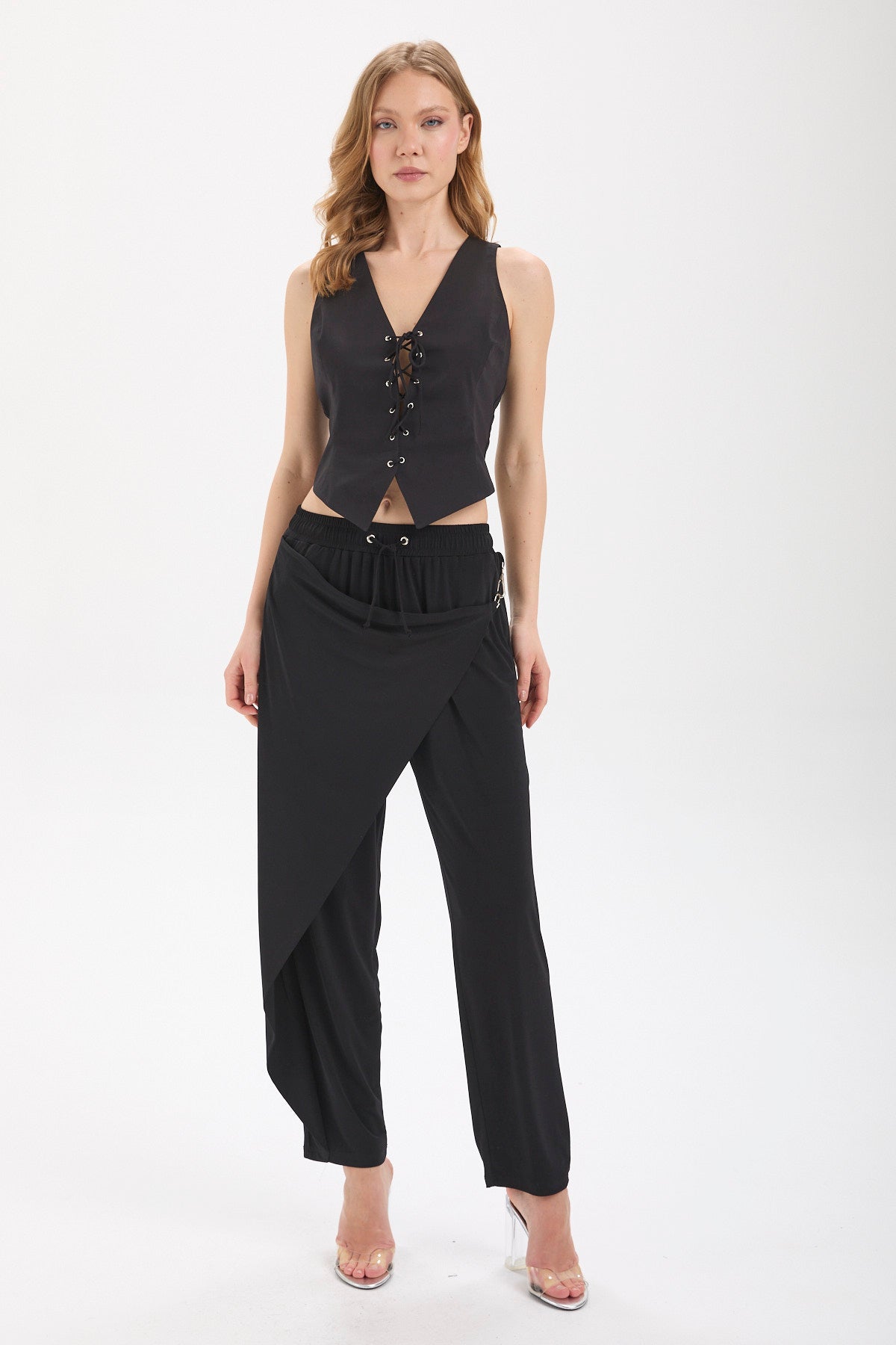 Kadın siyah pantolon – VEGA Asimetrik Drapeli Pantolon | IMBUE color:siyah
