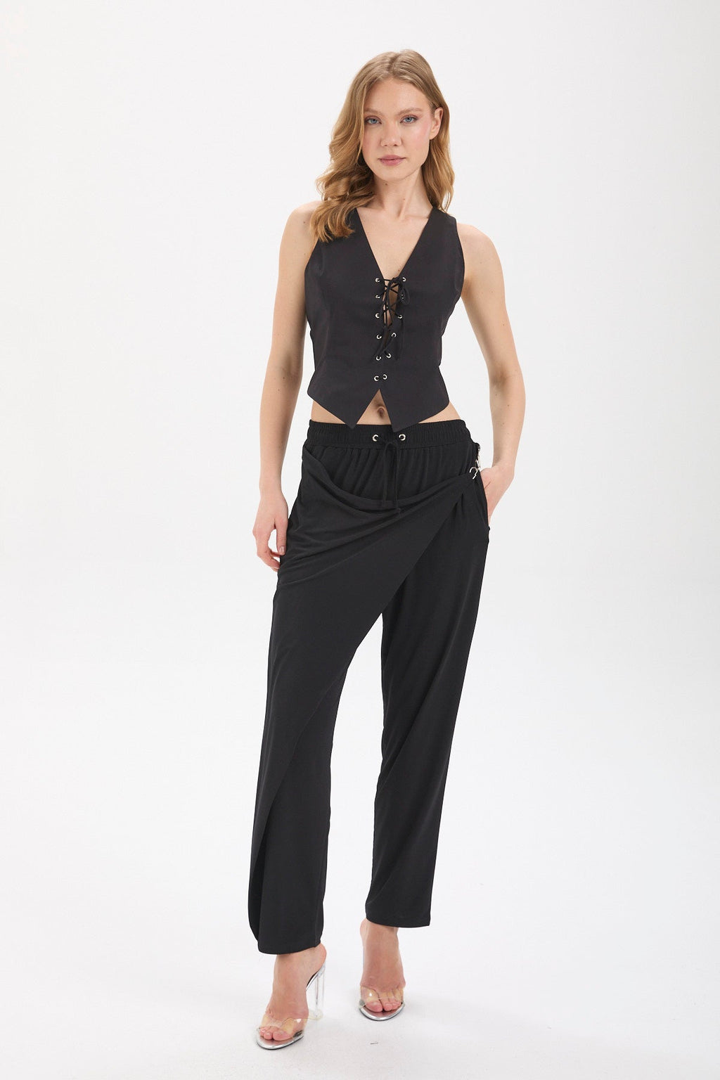 Kadın siyah pantolon – VEGA Asimetrik Drapeli Pantolon | IMBUE color:siyah