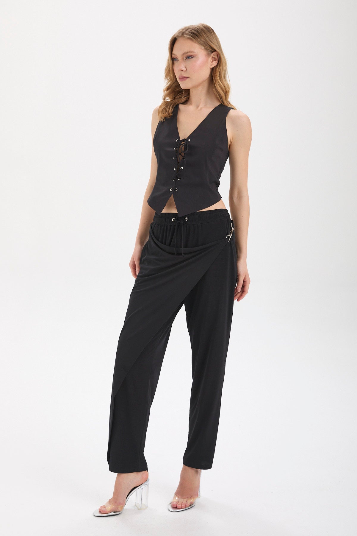 Kadın siyah pantolon – VEGA Asimetrik Drapeli Pantolon | IMBUE color:siyah