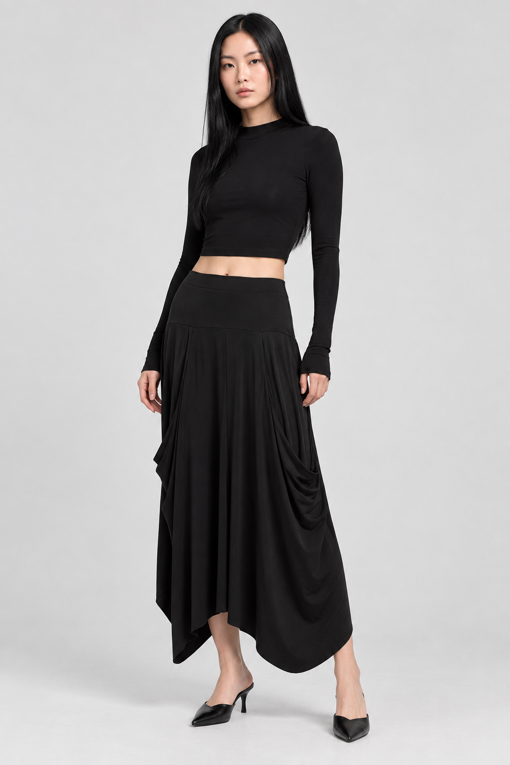 SERA Asimetrik Drapeli Midi Etek - siyah drapeli midi etek - IMBUE - [color:siyah]