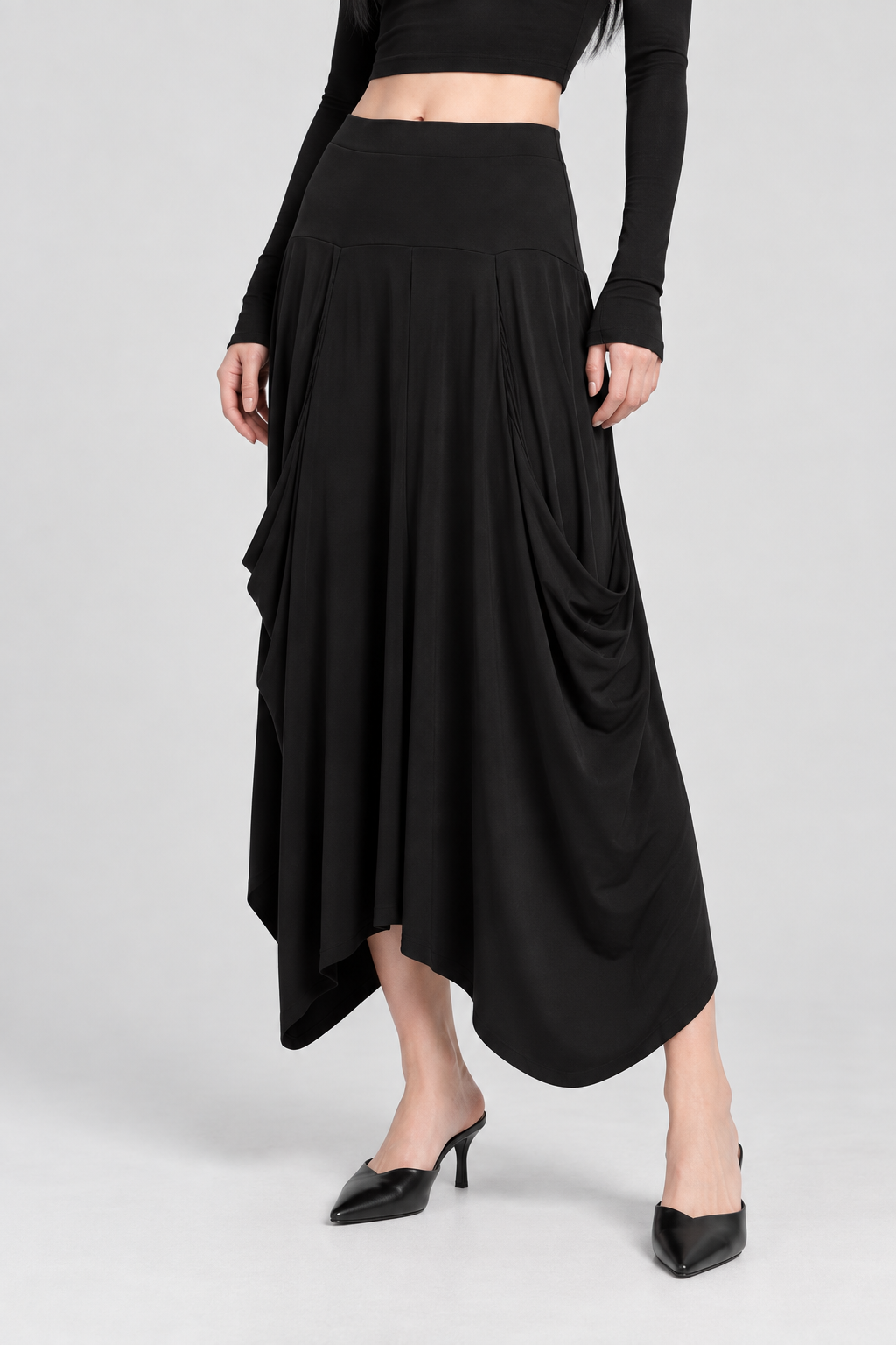 SERA Asimetrik Drapeli Midi Etek - siyah drapeli midi etek - IMBUE - [color:siyah]
