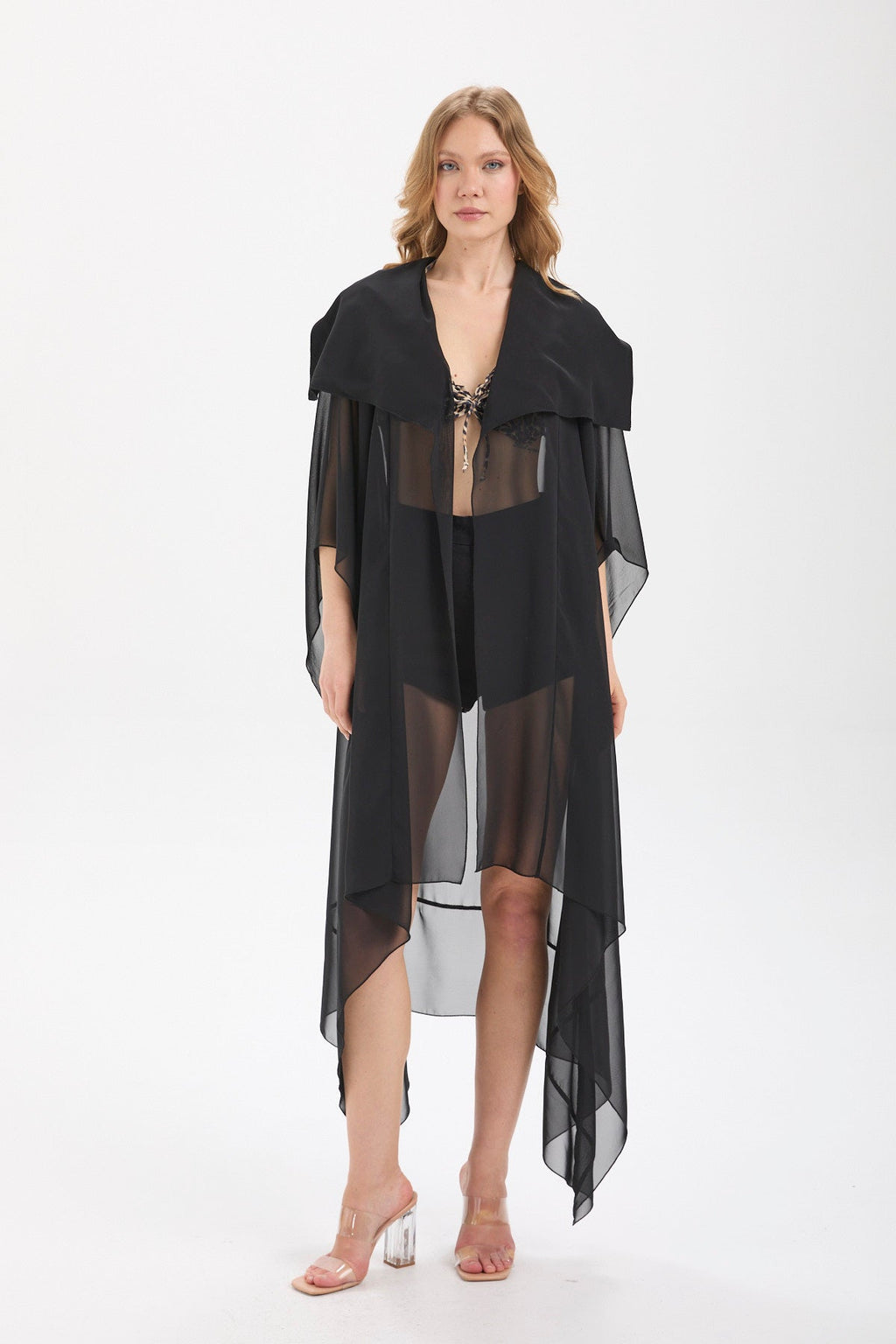 Kadın siyah kimono & kaftan – AURA Asimetrik Şifon Kimono | IMBUE color:siyah