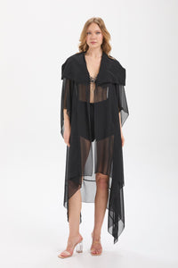 Kadın siyah kimono & kaftan – AURA Asimetrik Şifon Kimono | IMBUE color:siyah