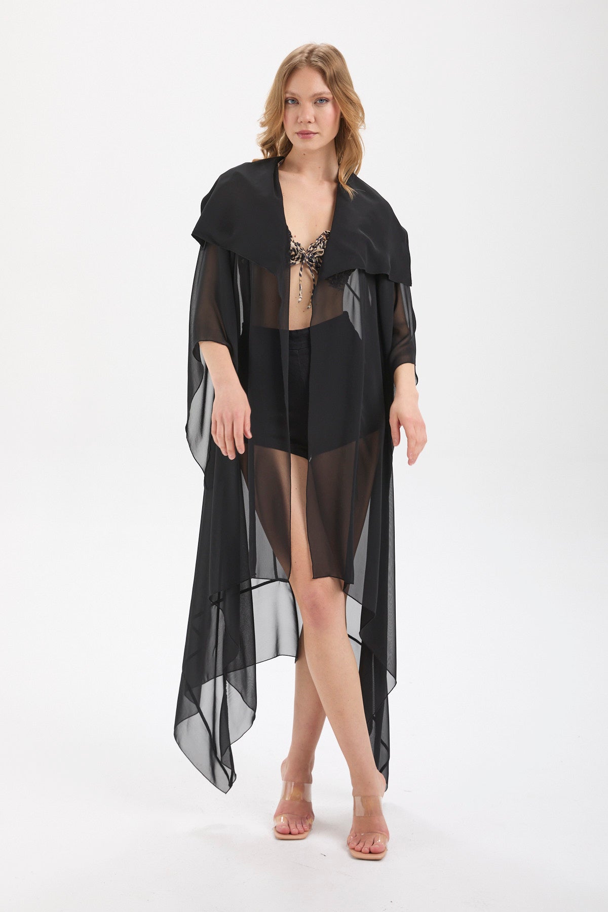 Kadın siyah kimono & kaftan – AURA Asimetrik Şifon Kimono | IMBUE color:siyah