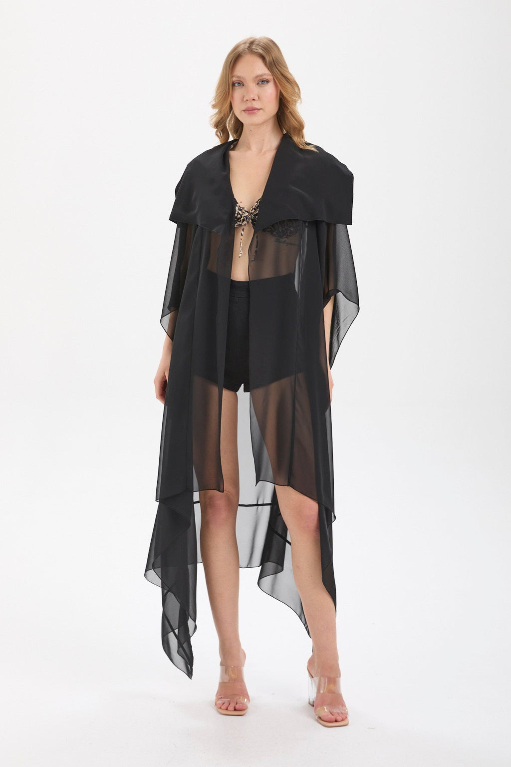 Kadın siyah kimono & kaftan – AURA Asimetrik Şifon Kimono | IMBUE color:siyah