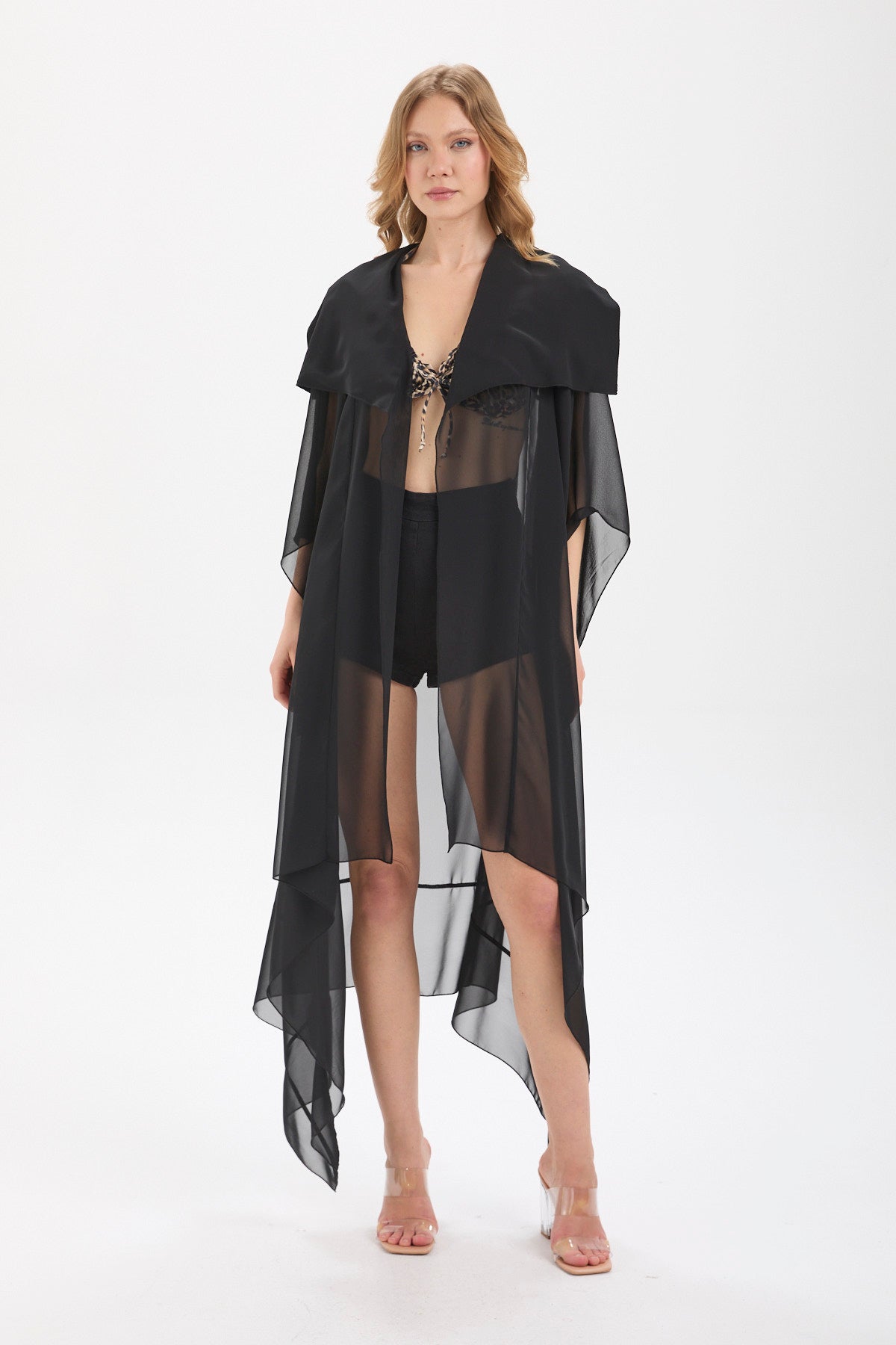 Kadın siyah kimono & kaftan – AURA Asimetrik Şifon Kimono | IMBUE color:siyah