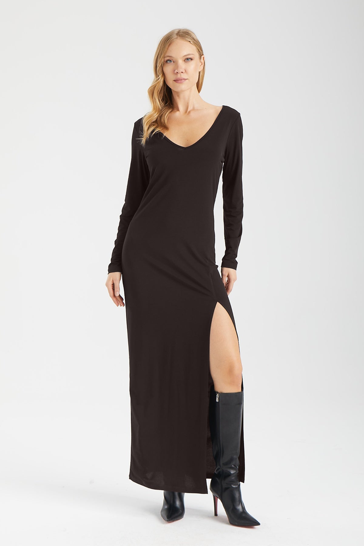 Kadın kahverengi elbise – AXELLE Konturlu Maxi Elbise | IMBUE [color:kahverengi]