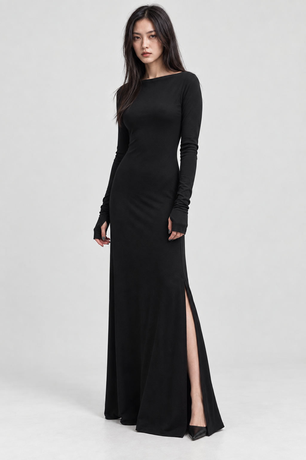 NIRA Kayık Yaka Yırtmaçlı Maxi Elbise - siyah maxi elbise - IMBUE - [color:siyah]