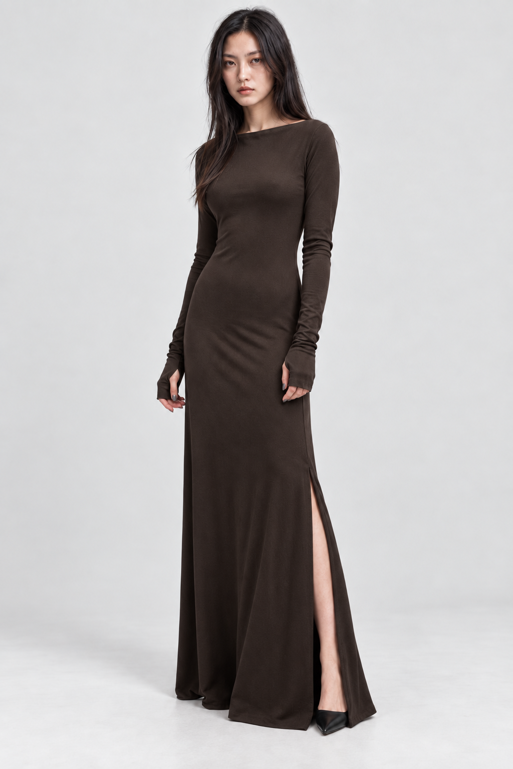 NIRA Kayık Yaka Yırtmaçlı Maxi Elbise - kahverengi maxi elbise - IMBUE - [color:kahverengi]
