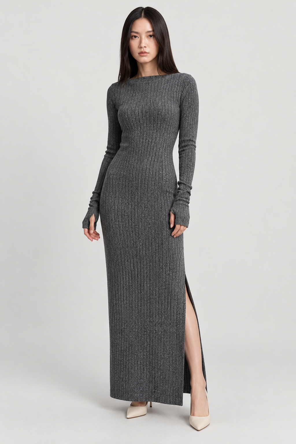 VENA Kayık Yaka Dokulu Maxi Elbise - gri dokulu maxi elbise - IMBUE - color:GRY