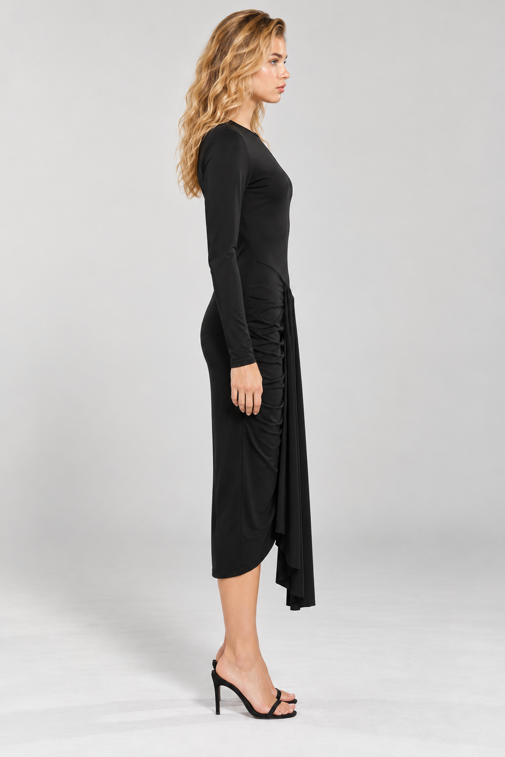 RAYA Asimetrik Drapeli Midi Elbise - siyah midi elbise - IMBUE - [color:siyah]