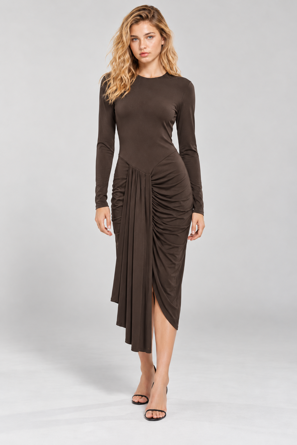 RAYA Asimetrik Drapeli Midi Elbise - kahverengi midi elbise - IMBUE - [color:kahverengi]