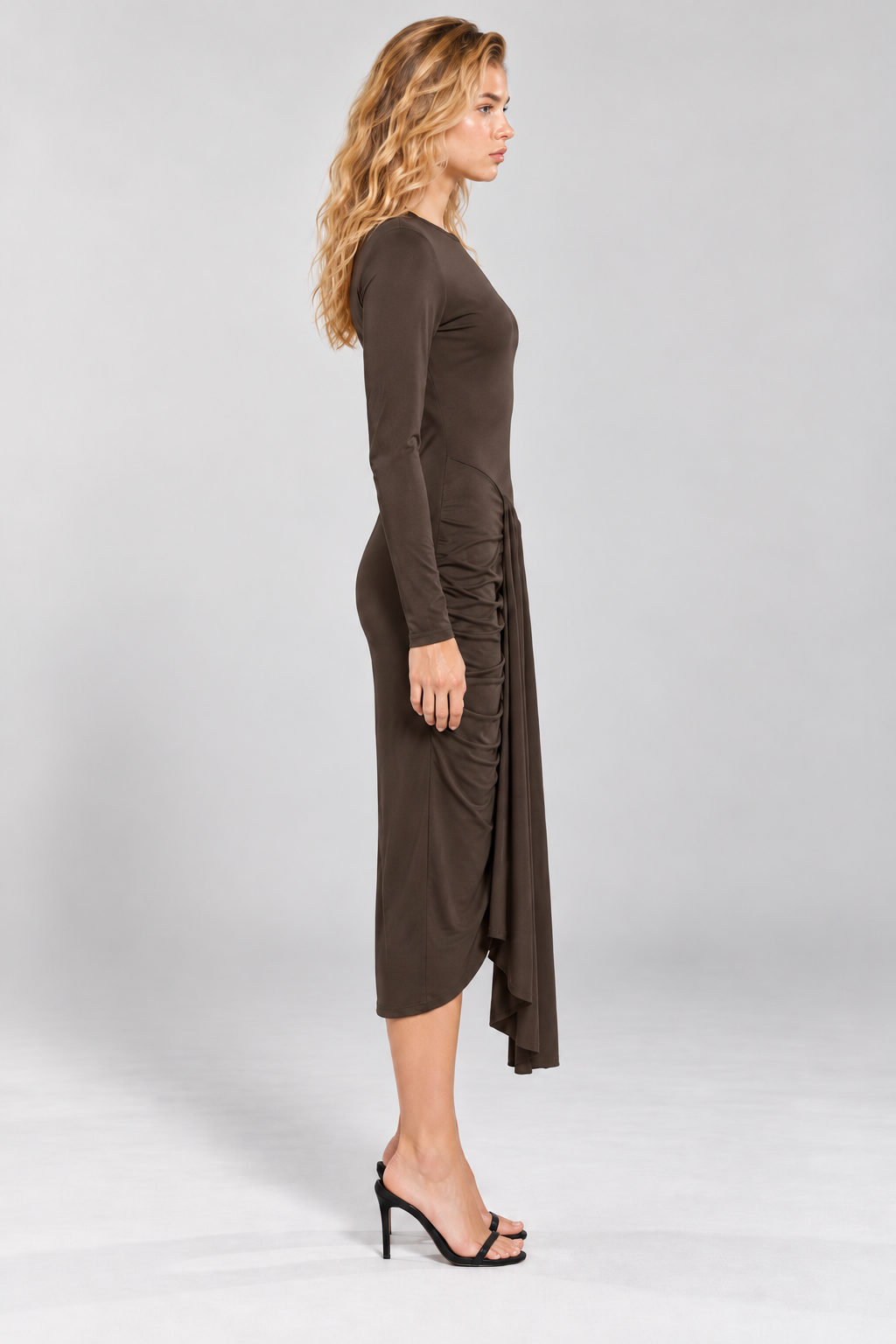 RAYA Asimetrik Drapeli Midi Elbise - kahverengi midi elbise - IMBUE - [color:kahverengi]